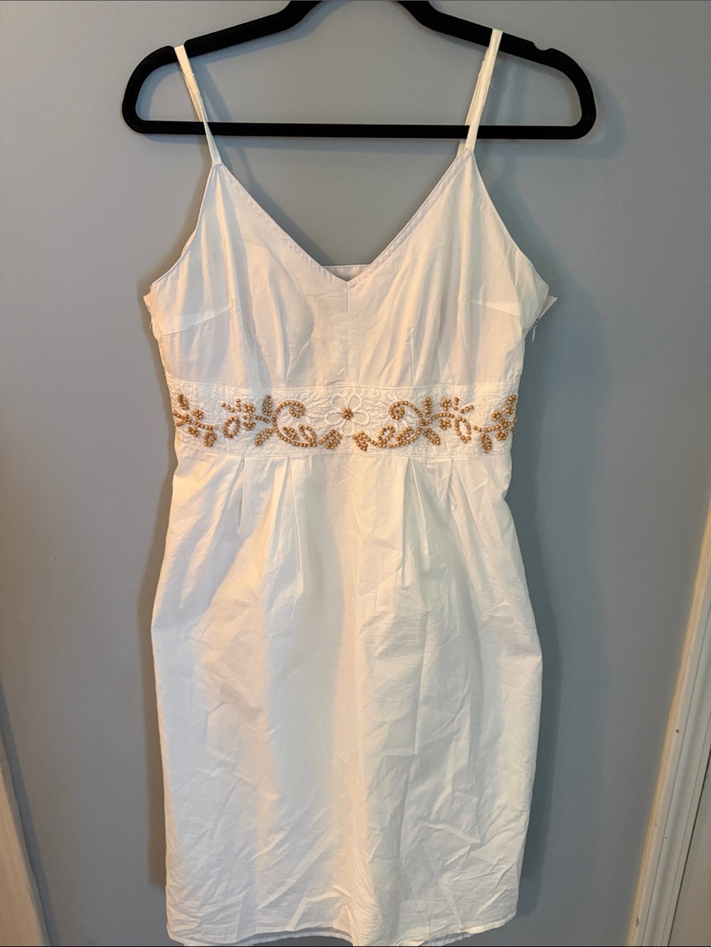 Kim Rogers White Spaghetti Strap Mini Dress with Gold Beaded Waistband